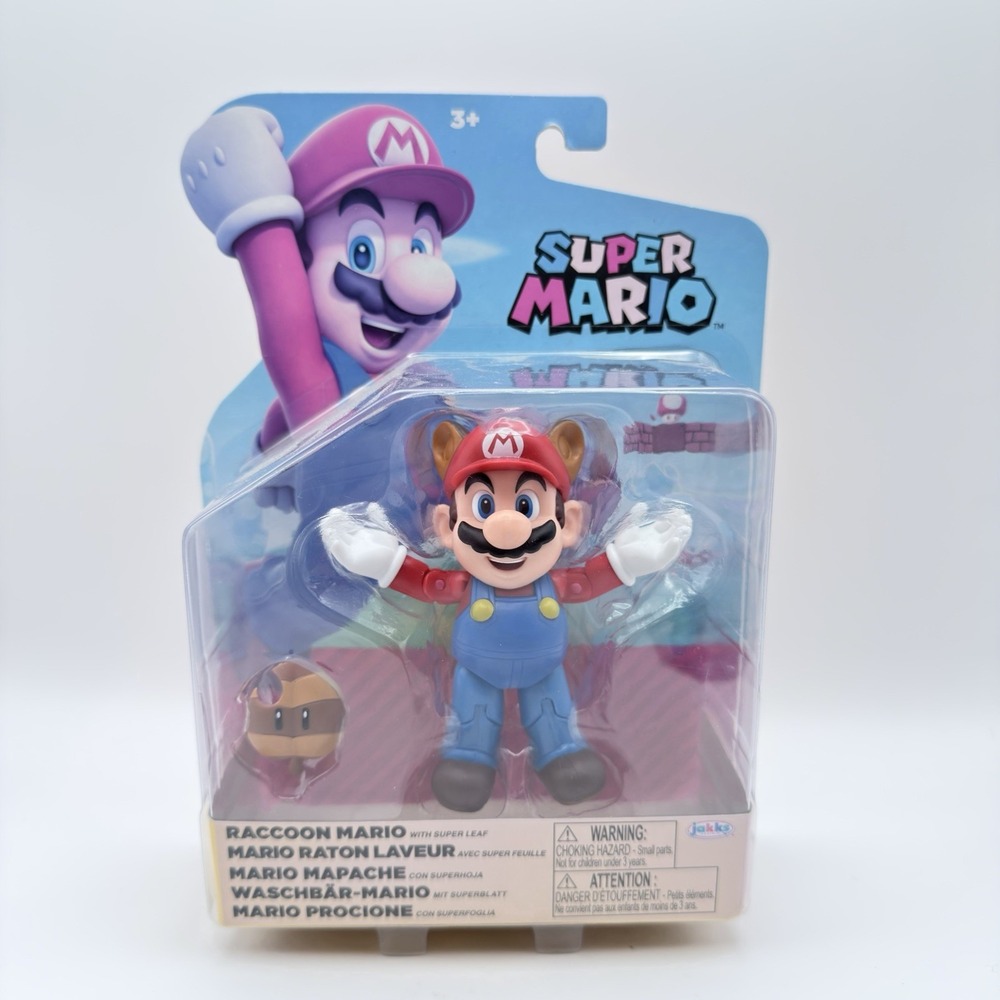 Jakks Pacific Super Mario Raccoon Mario 4" Figure with Super Leaf EU Variant NEW
